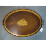 An Edwardian style Sheraton revival inlaid mahogany tray, with brass handles, 42 x 56cm