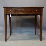 An early 20th century mahogany writing table, with leather top and 3 drawers, raised on tapered