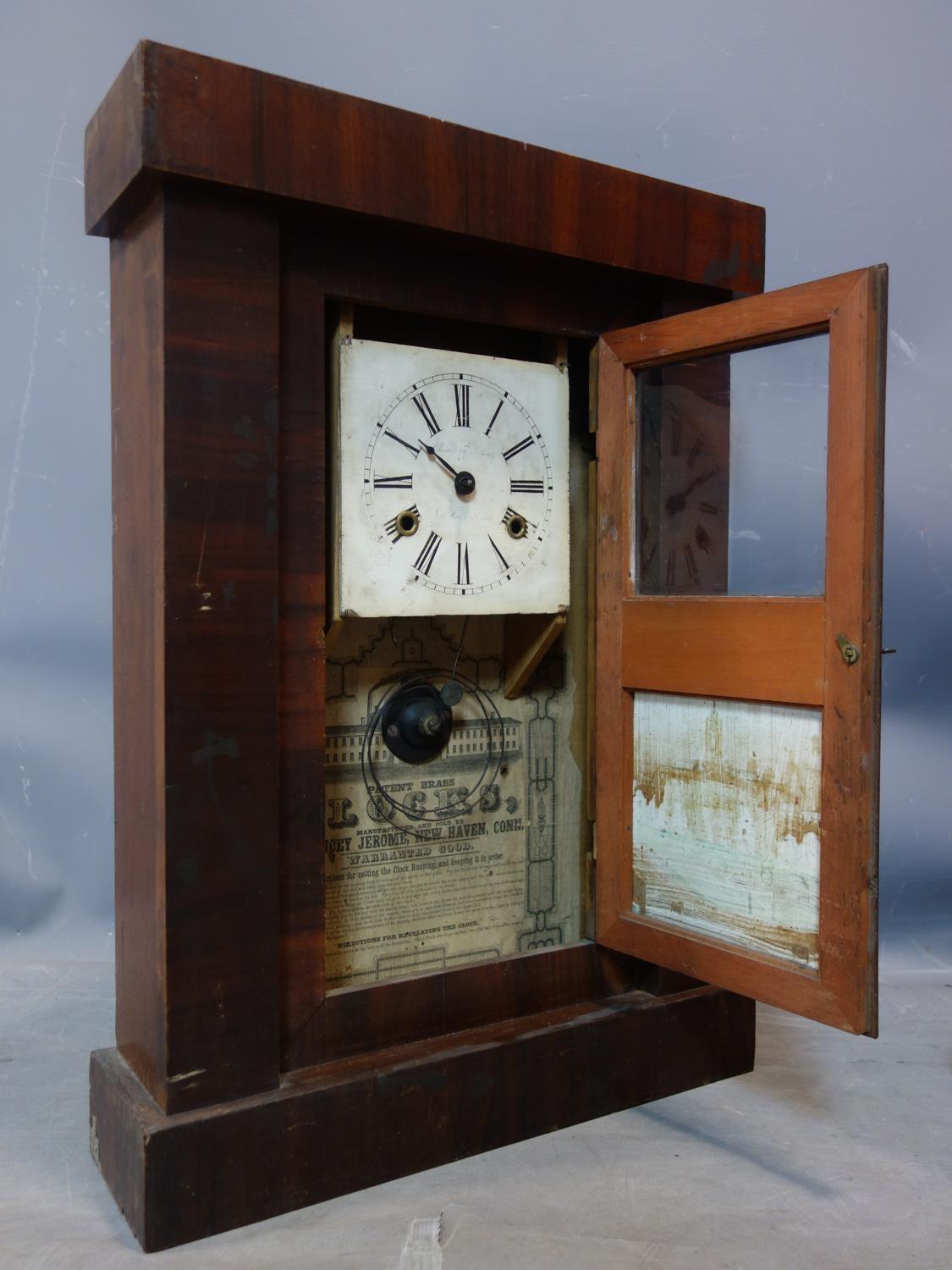 An American shelf clock by Chauncey Jermone, enamel Roman dial, with glass panel and depicting of - Image 3 of 4