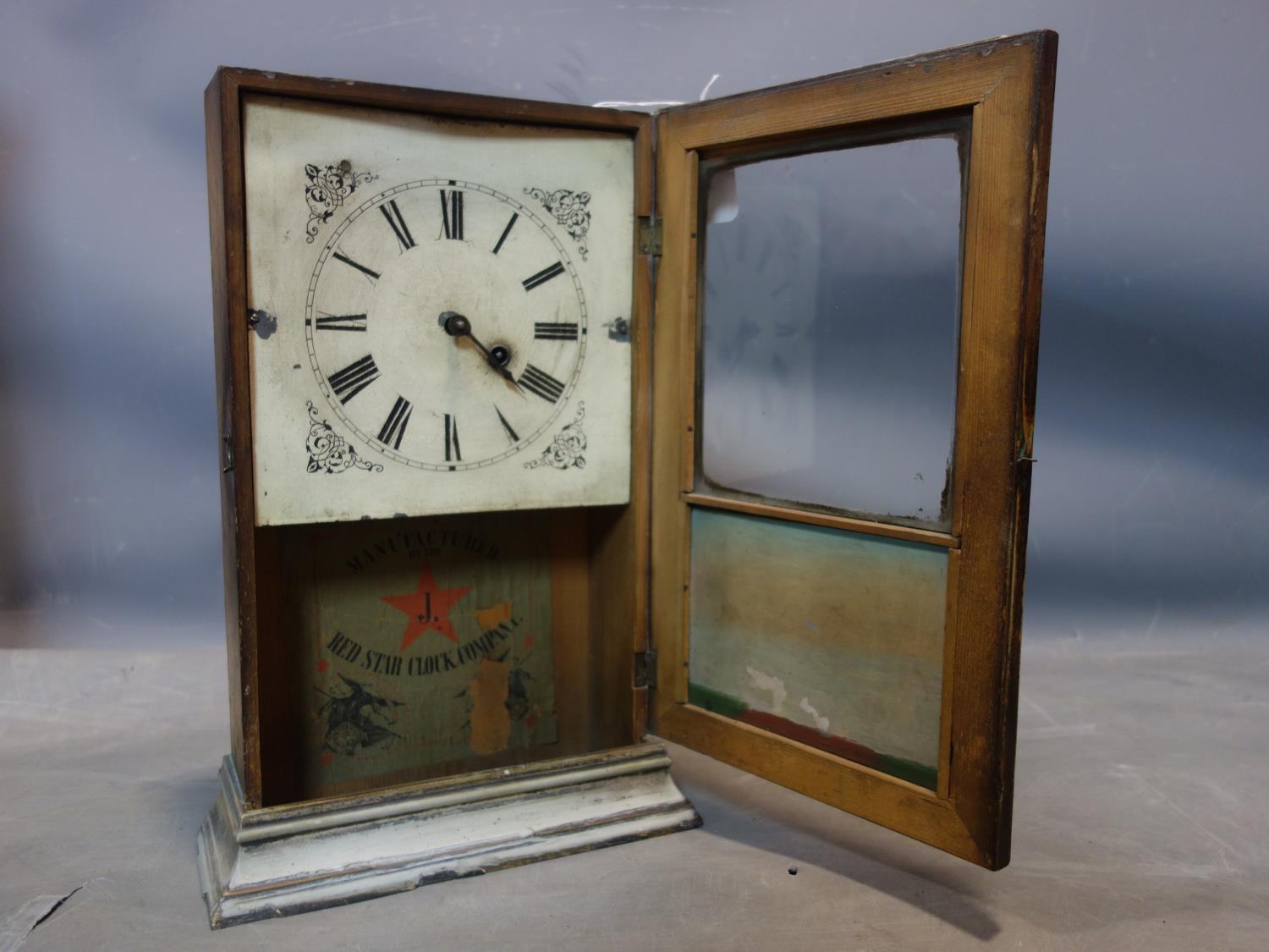An American shelf clock by Chauncey Jermone, enamel Roman dial, with glass panel and depicting of - Image 4 of 4
