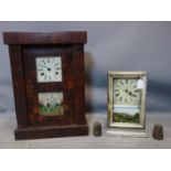 An American shelf clock by Chauncey Jermone, enamel Roman dial, with glass panel and depicting of