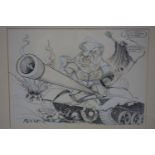 Mark Reeve, an original illustration in ink of Boris Yeltsin on a tank, 29 x 40cm