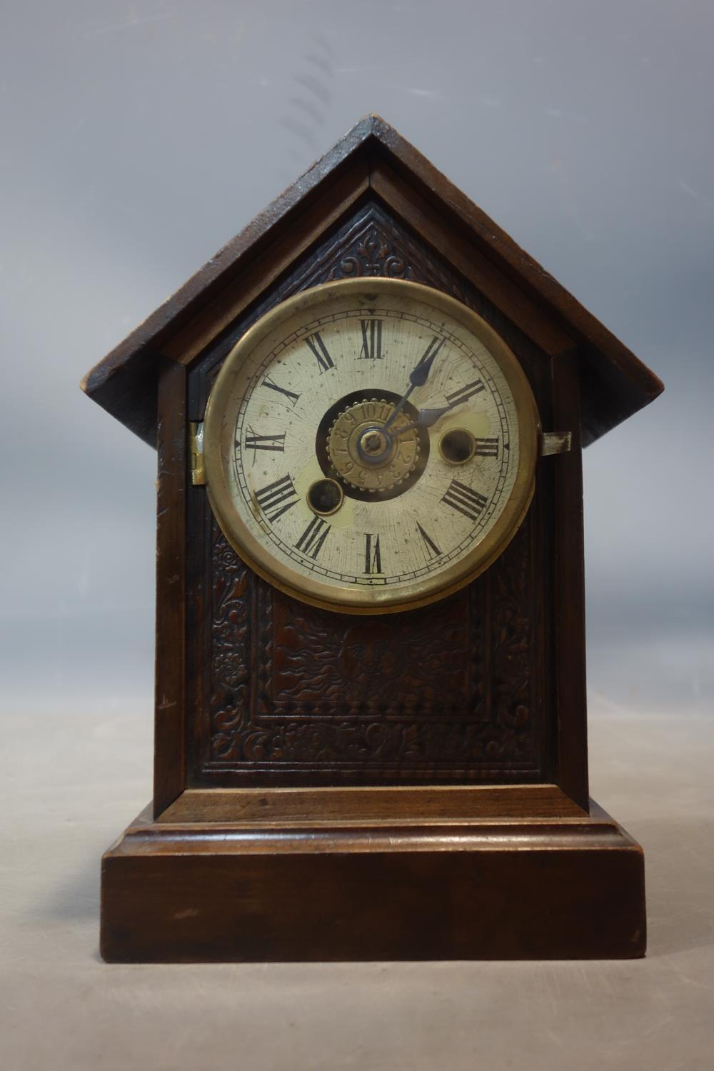 Four clocks, to include an American Steeple clock by Seth Thomas with floral painted decoration to - Image 3 of 5