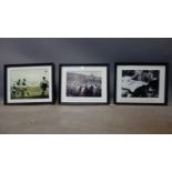 Three framed football photos to include Liverpool FA cup 1974, Chelsea v Dynamo Moscow 1945 and
