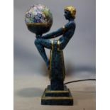 An Art Deco style ceramic figural table lamp, with millefiori glass shade, H.39cm