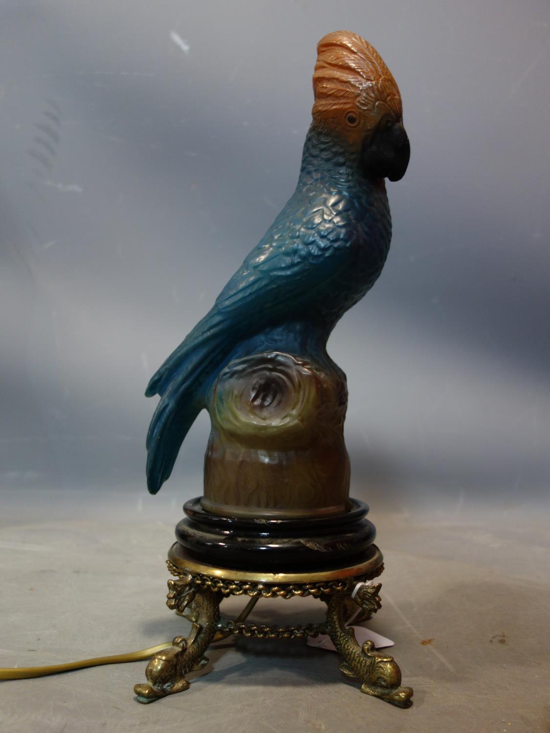 A vintage glass parrot lamp, on gilt metal and wood base, H.38cm