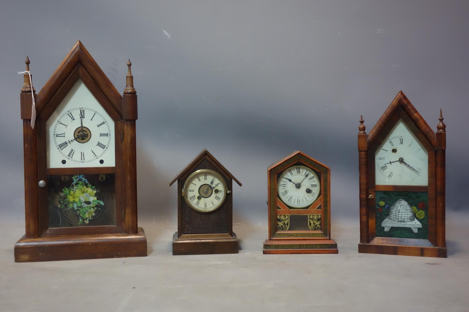 Four clocks, to include an American Steeple clock by Seth Thomas with floral painted decoration to