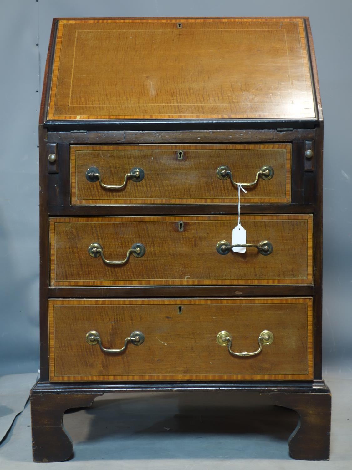 An Edwardian narrow inlaid mahogany bureau bookcase, H.198 W.57 D.47cm