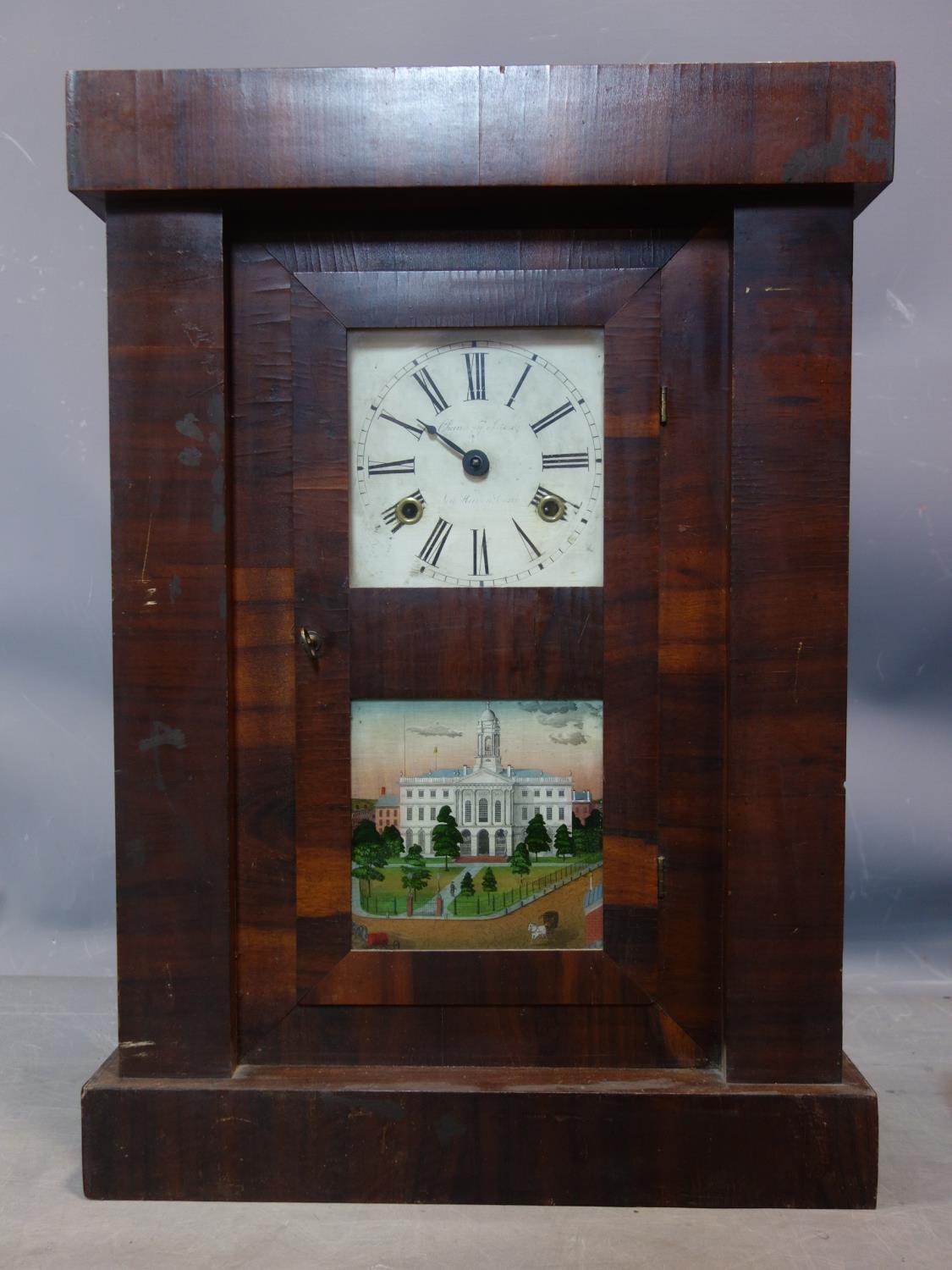 An American shelf clock by Chauncey Jermone, enamel Roman dial, with glass panel and depicting of - Image 2 of 4