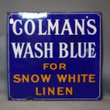 A vintage enamel sign for 'Colman's wash blue for snow white linen', 92 x 97cm