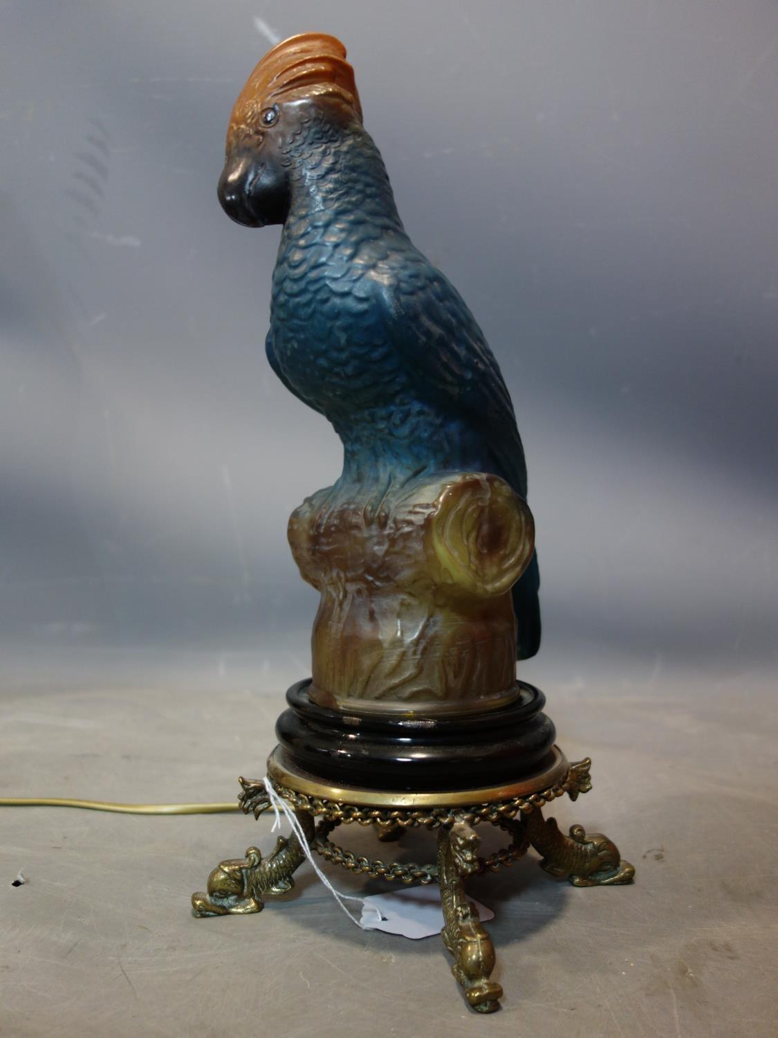 A vintage glass parrot lamp, on gilt metal and wood base, H.38cm - Image 3 of 3