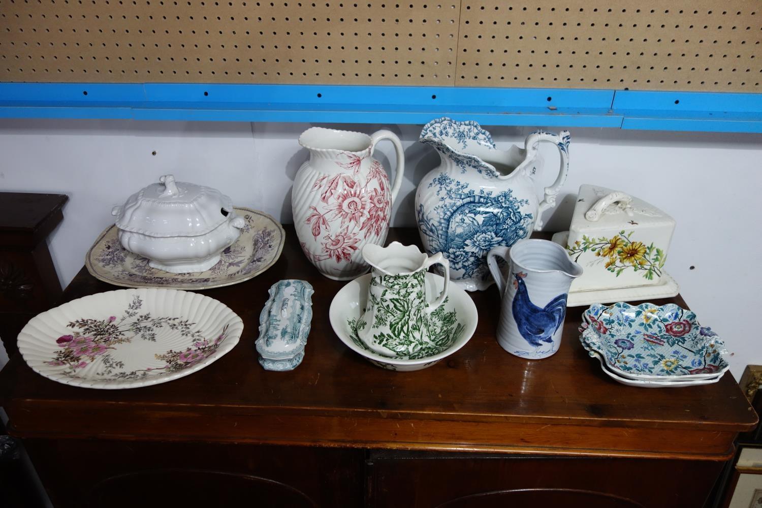 A collection of Victorian ceramics to include jugs, bowls, cheese dish etc