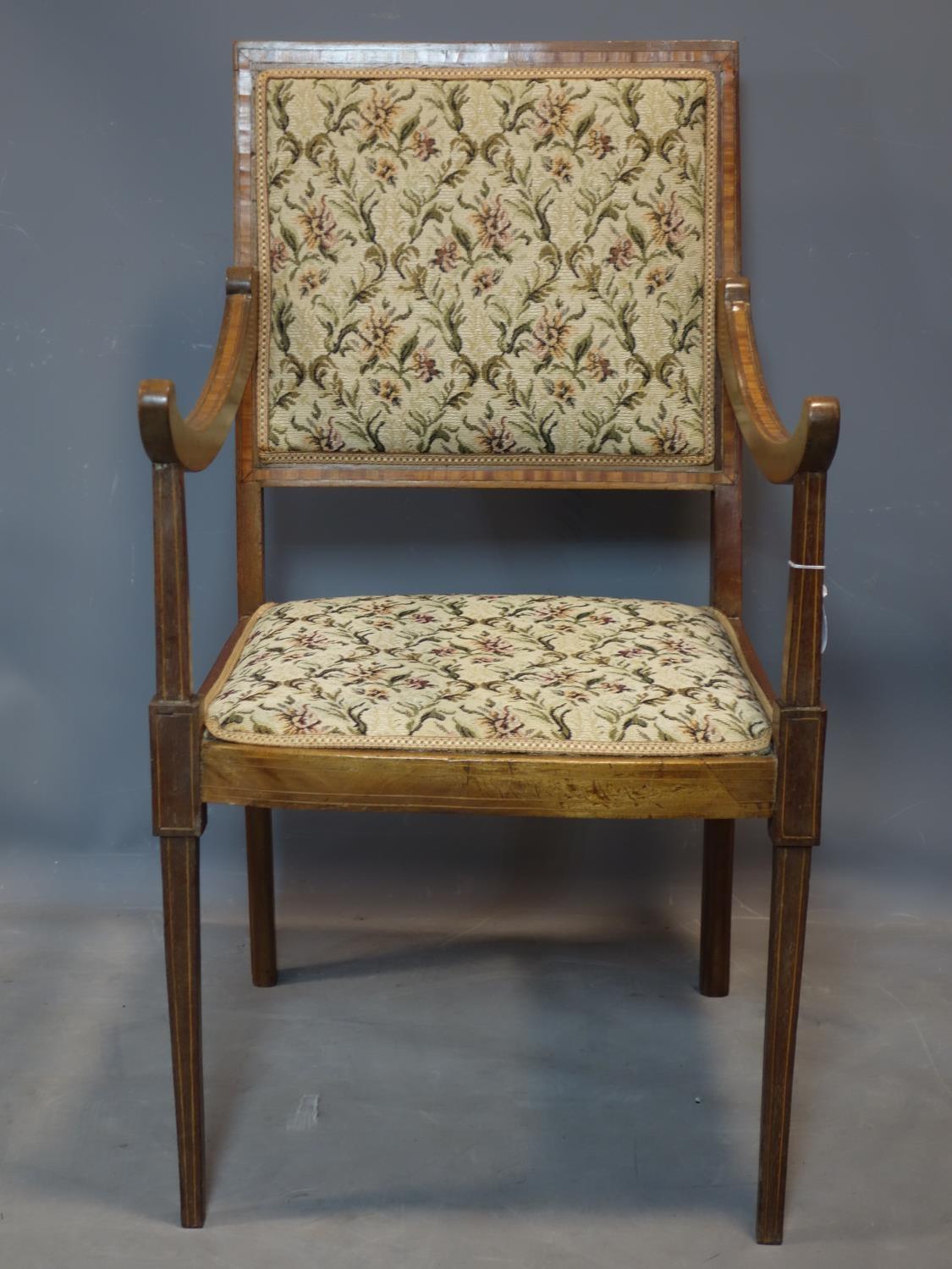 An Edwardian inlaid mahogany and satinwood crossbanded armchair, with sloped arms and floral - Image 2 of 3