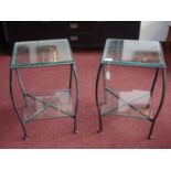 A pair of contemporary wrought iron bedside tables, H.61 W.45 D.45cm