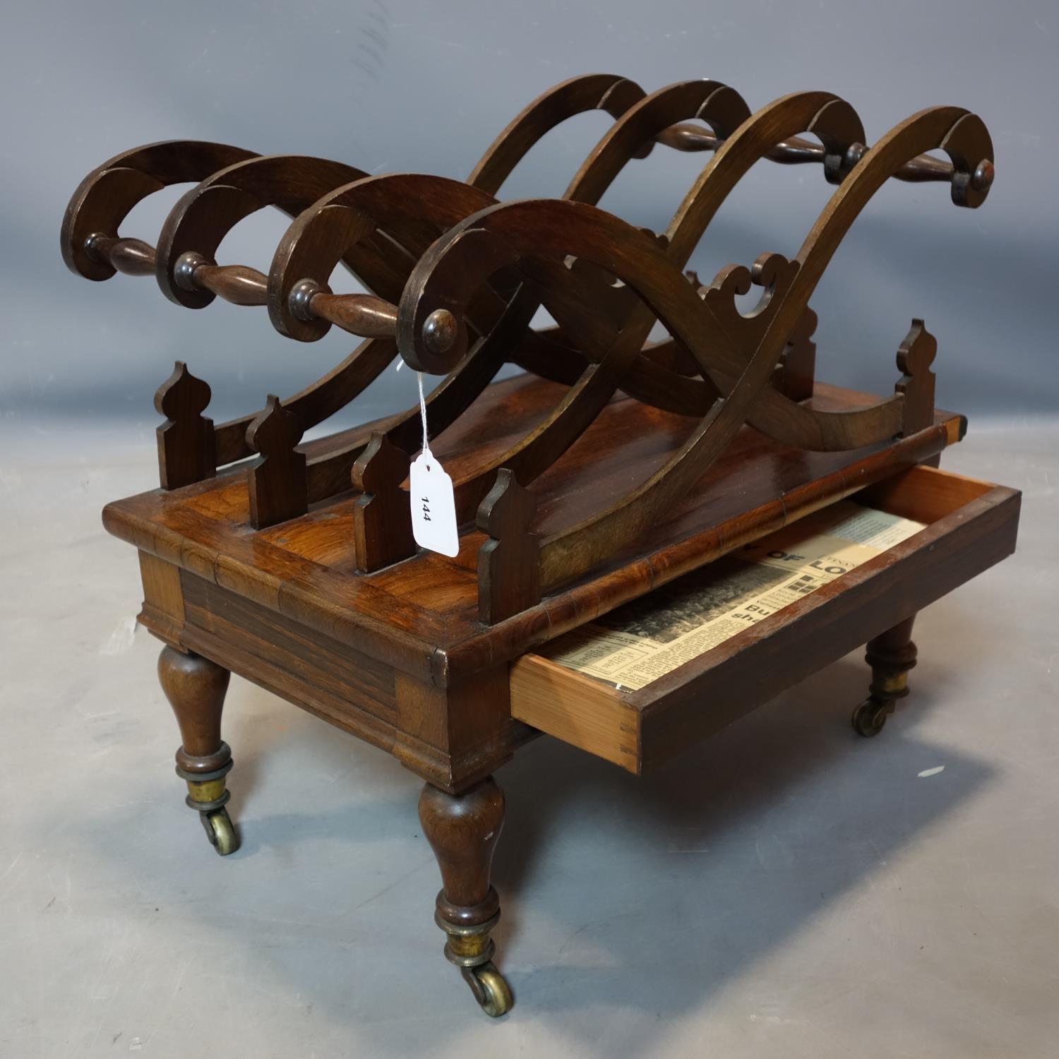 A late Regency rosewood Canterbury X-frame design, with drawer, raised on turned legs and castors, - Image 2 of 2
