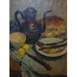20th century Dutch school, Still life of pot, bread, fish, teapot, bowl and lemons on a table, oil