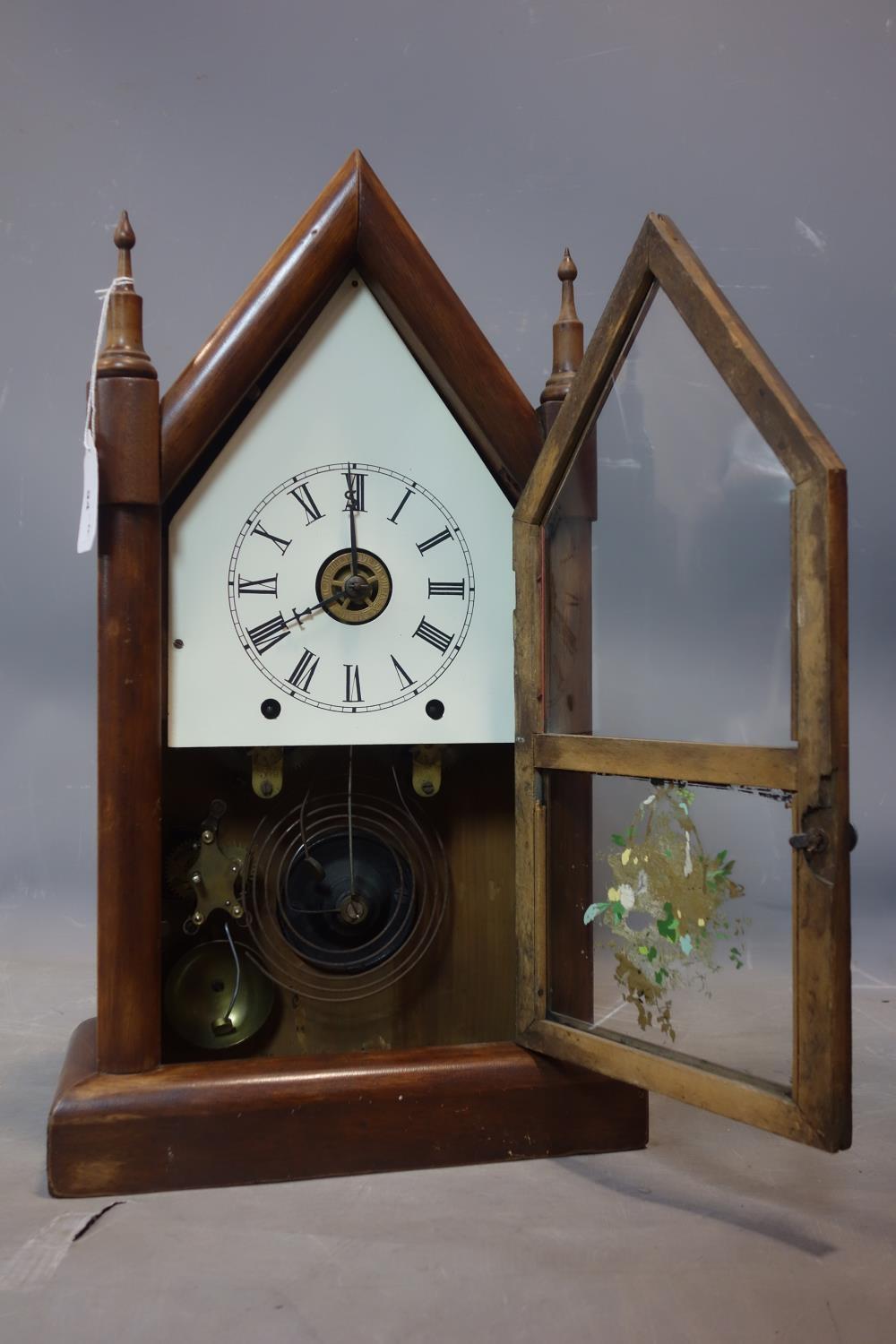 Four clocks, to include an American Steeple clock by Seth Thomas with floral painted decoration to - Image 2 of 5