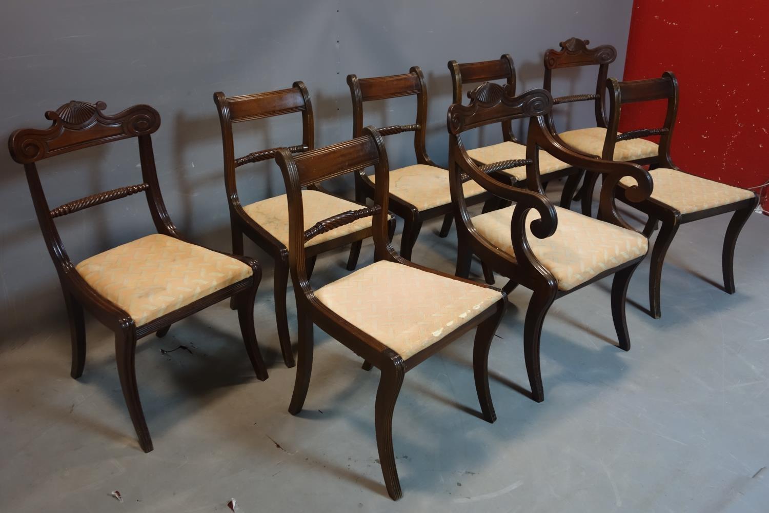 A harlequin set of 8 mahogany dining chairs, to include 3 Regency period and 5 Regency style