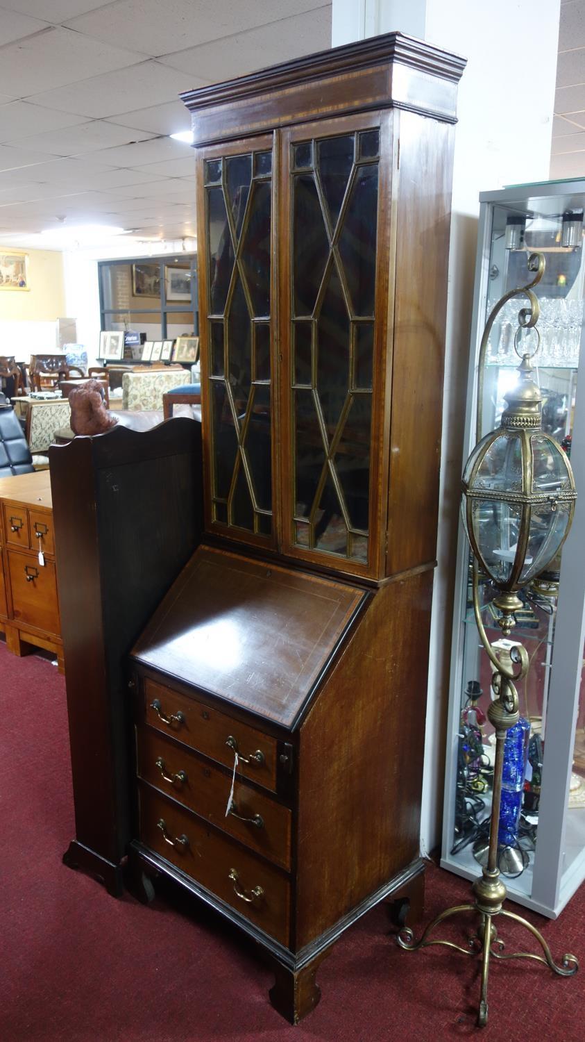 An Edwardian narrow inlaid mahogany bureau bookcase, H.198 W.57 D.47cm - Image 4 of 6