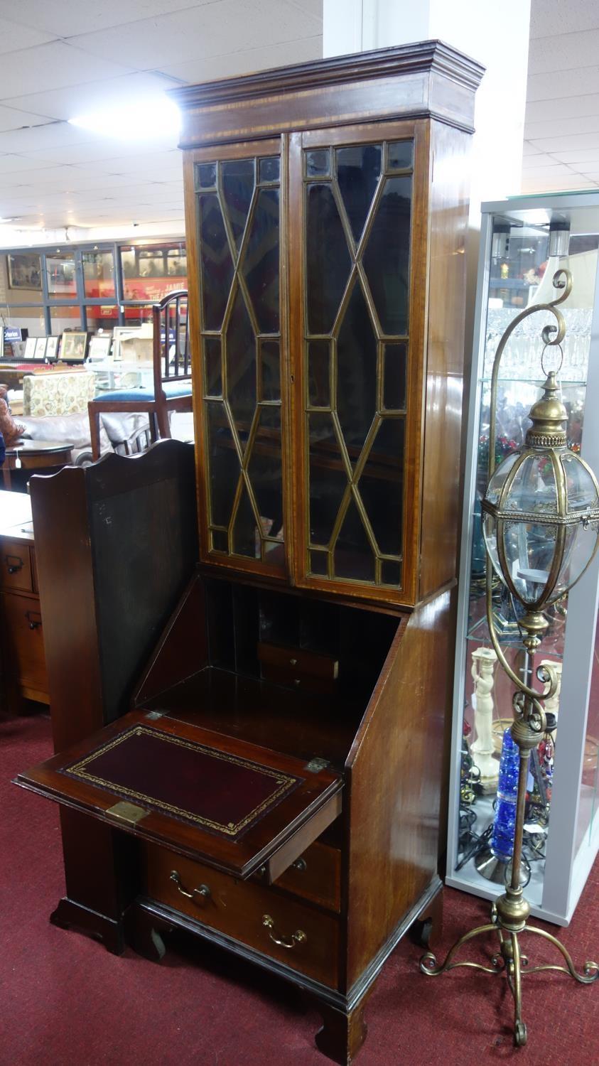 An Edwardian narrow inlaid mahogany bureau bookcase, H.198 W.57 D.47cm - Image 6 of 6