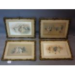 Four coloured prints on silk of Georgian party scenes, in glazed giltwood frames with C-scroll