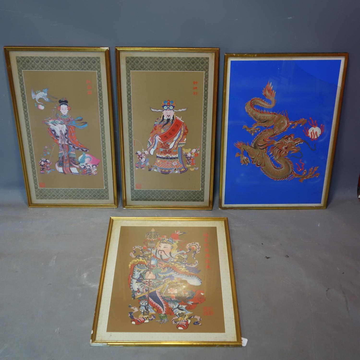 Four Chinese prints of deities, 73 x 56 and 75 x 38cm, together with a collage of a dragon chasing a