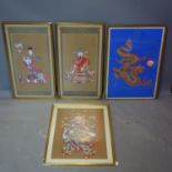 Four Chinese prints of deities, 73 x 56 and 75 x 38cm, together with a collage of a dragon chasing a