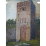 Italian school, View of a tower on a castellated wall, watercolour, signed 'Rico' to lower left,