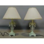 A pair of French table lamps with shades, H.42cm