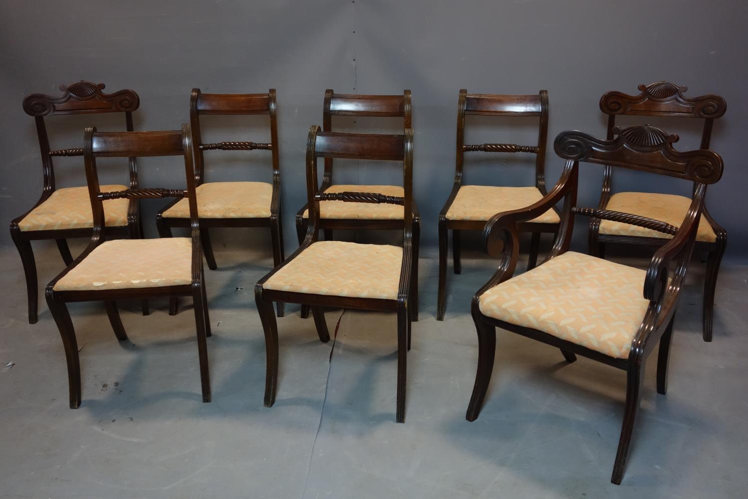 A harlequin set of 8 mahogany dining chairs, to include 3 Regency period and 5 Regency style - Image 2 of 7