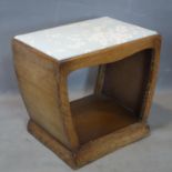 An Art Deco oak stool with floral upholstered seat, H.44 W.49 D.33cm
