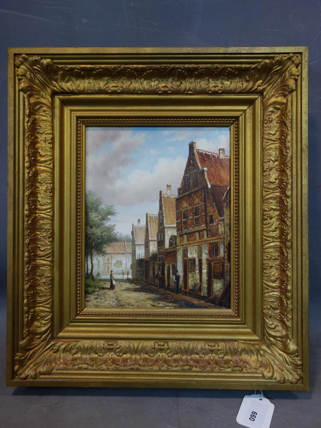 A 20th century Continental oil on panel, street scene, set in gilt frame, 26 x 20cm - Image 2 of 2