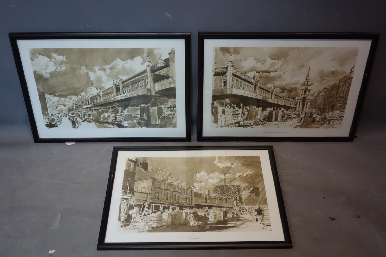 A set of 3 Geoffrey Fletcher prints of London market scenes, 38 x 56cm