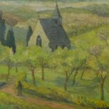 An oil on canvas of a landscape scene of a church in an orchard, indistinctly signed lower right,