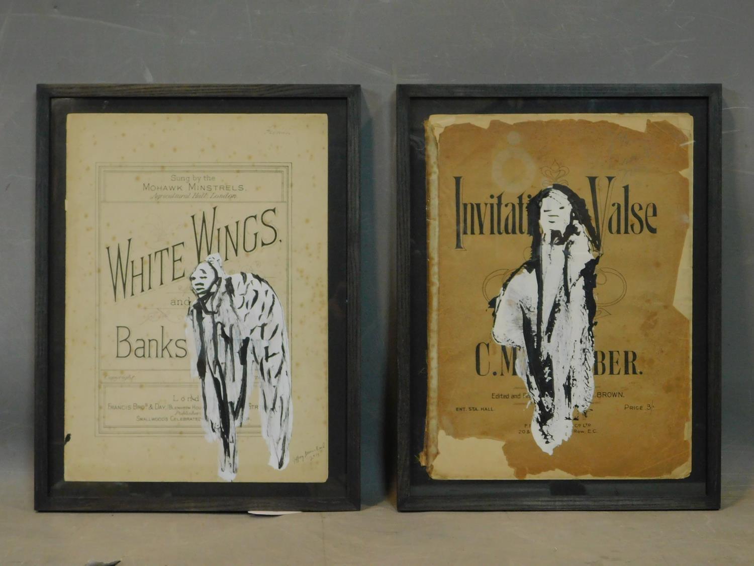 Jeffrey Louis Reed, mixed media studies, figures painted on sheet music title pages, framed,