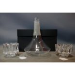 Swedish Orrefors decanter with original box and two Swedish glass tea light/candle holders, one