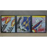 After Roy Lichtenstein, 'As I Opened Fire', triptych printed posters, Copyright SMA to lower right