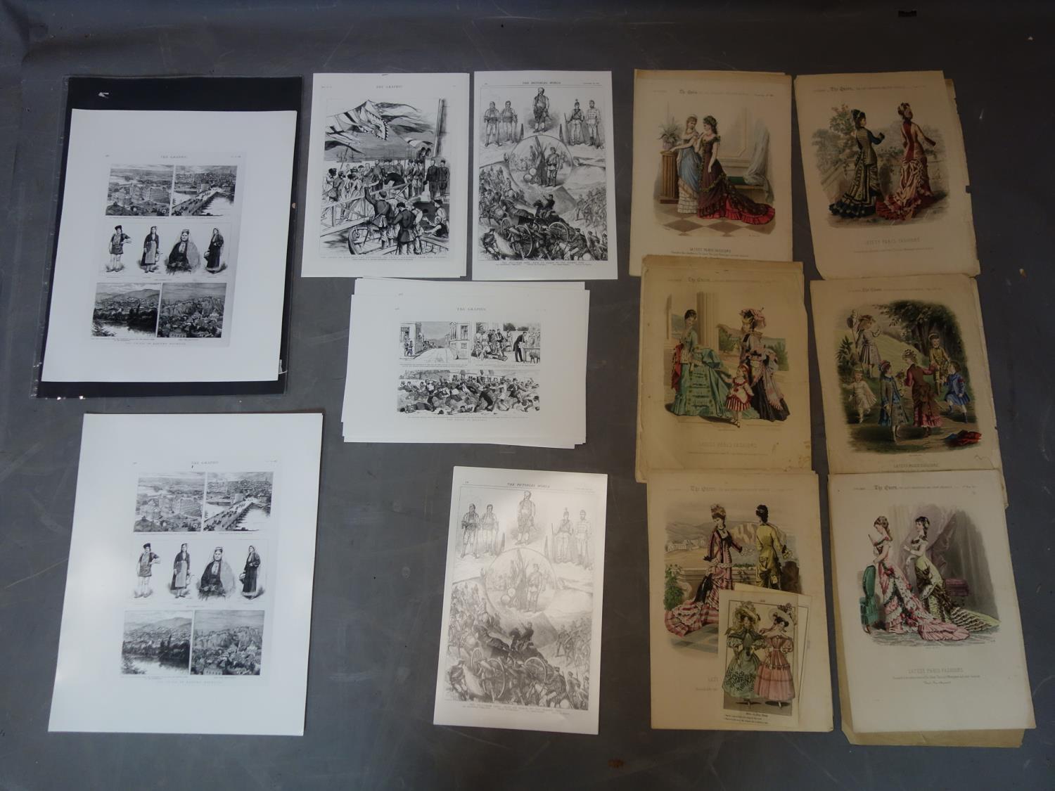 A collection of French hand-coloured fashion prints, largest 40 x 27cm, together with proofs