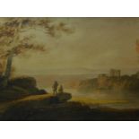 Attributed to William Payne (1760-1830), Landscape with two figures looking out to a castle by a