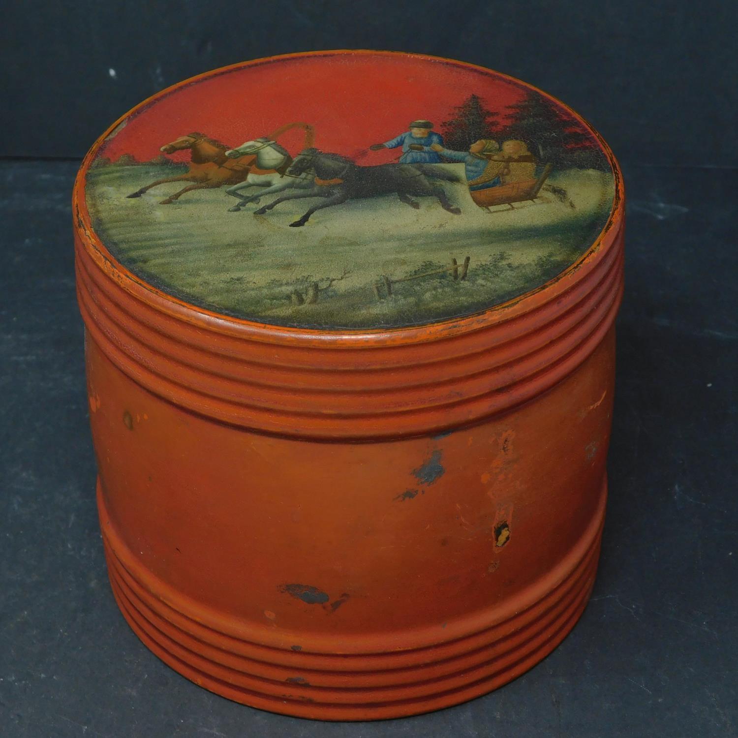 A late 19th century Russian lacquered tobacco box, depicting horse sleigh scene, H.10 D.12cm