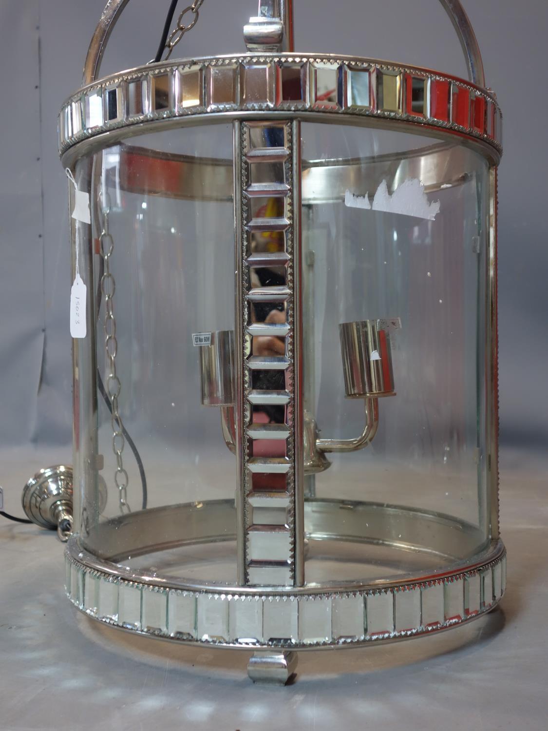 A large nickel plated and glass three branch circular hall lantern, H.76cm Diameter 42cm - Image 3 of 3