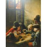 After Jan Havicksz Steen, a 17th century style gambling scene, oil on panel, 62 x 51cm