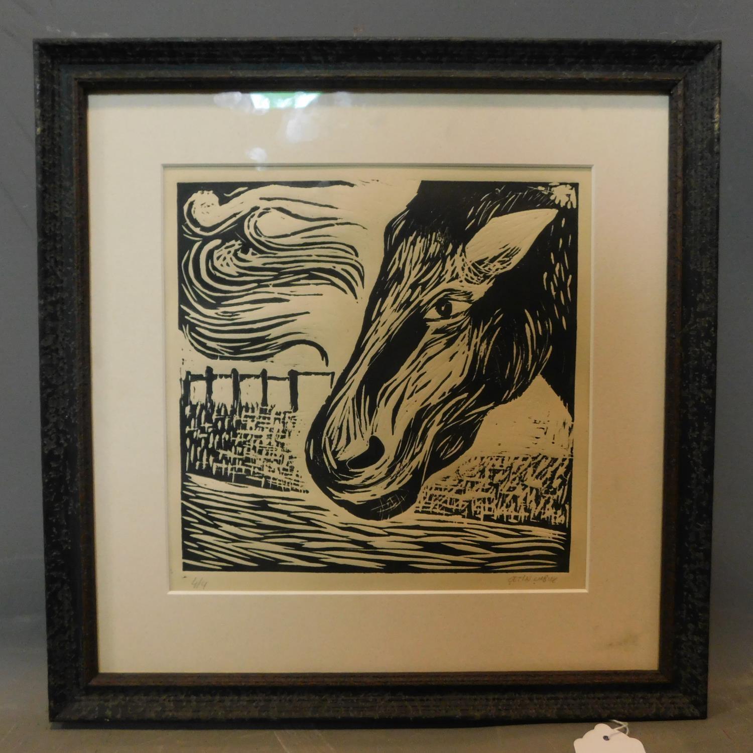 Cetin Cubuk, A Horse, woodblock print, signed in pencil to lower right, numbered 4/4, framed and - Image 2 of 4