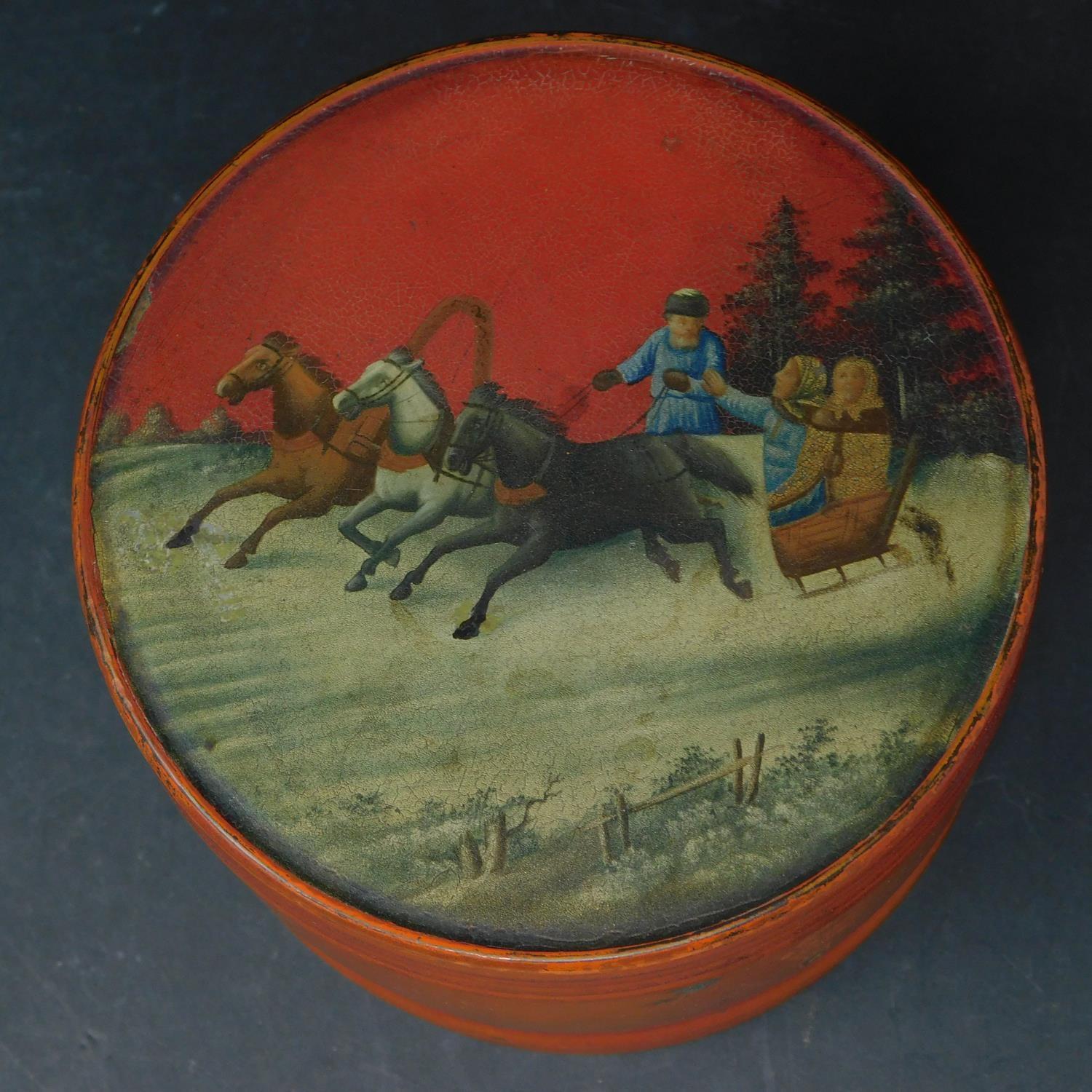 A late 19th century Russian lacquered tobacco box, depicting horse sleigh scene, H.10 D.12cm - Image 2 of 3