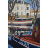 A large oil painting of boat on canvas, initialled N.B and dated '99, 136 x 91cm