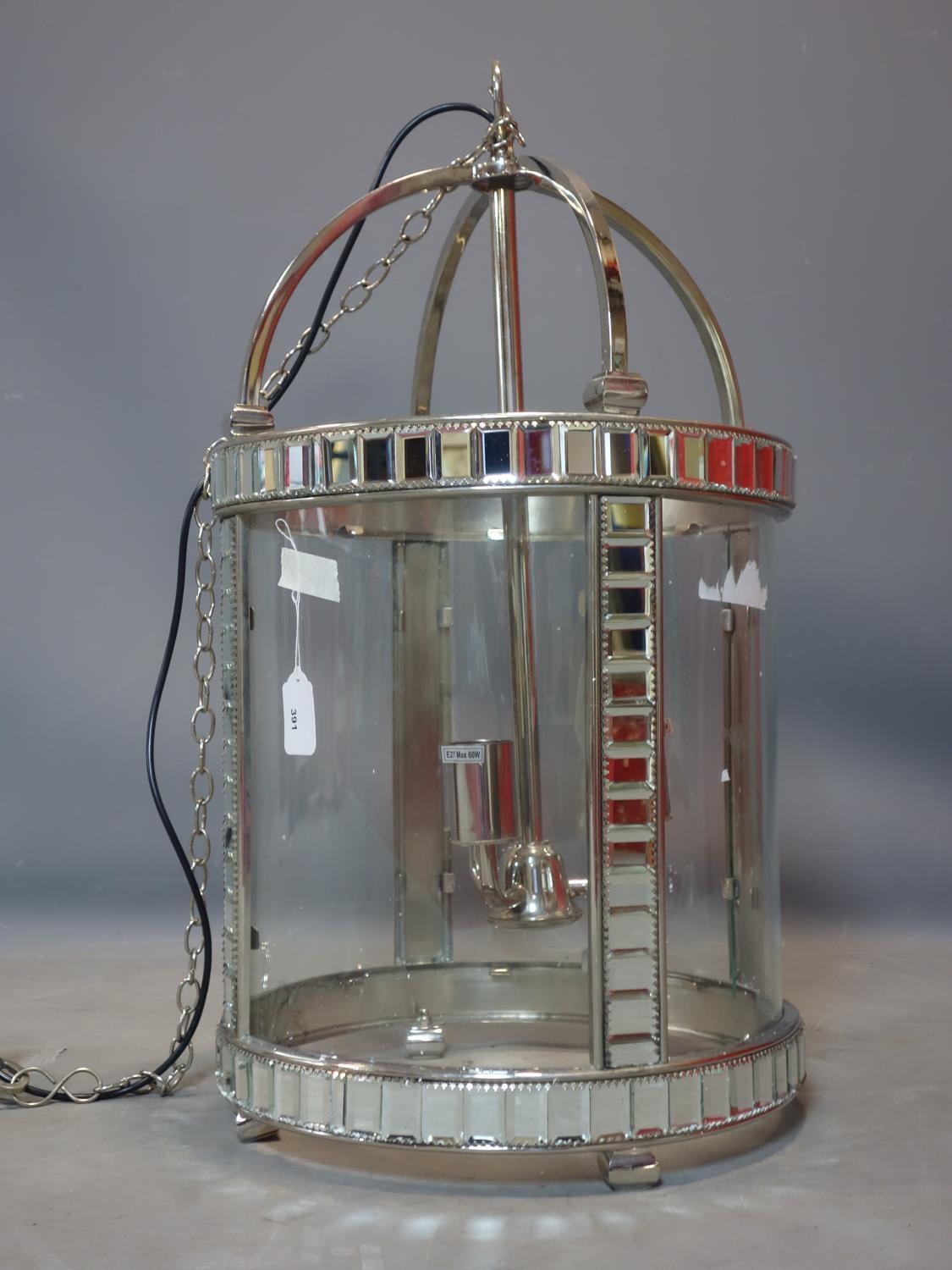 A large nickel plated and glass three branch circular hall lantern, H.76cm Diameter 42cm