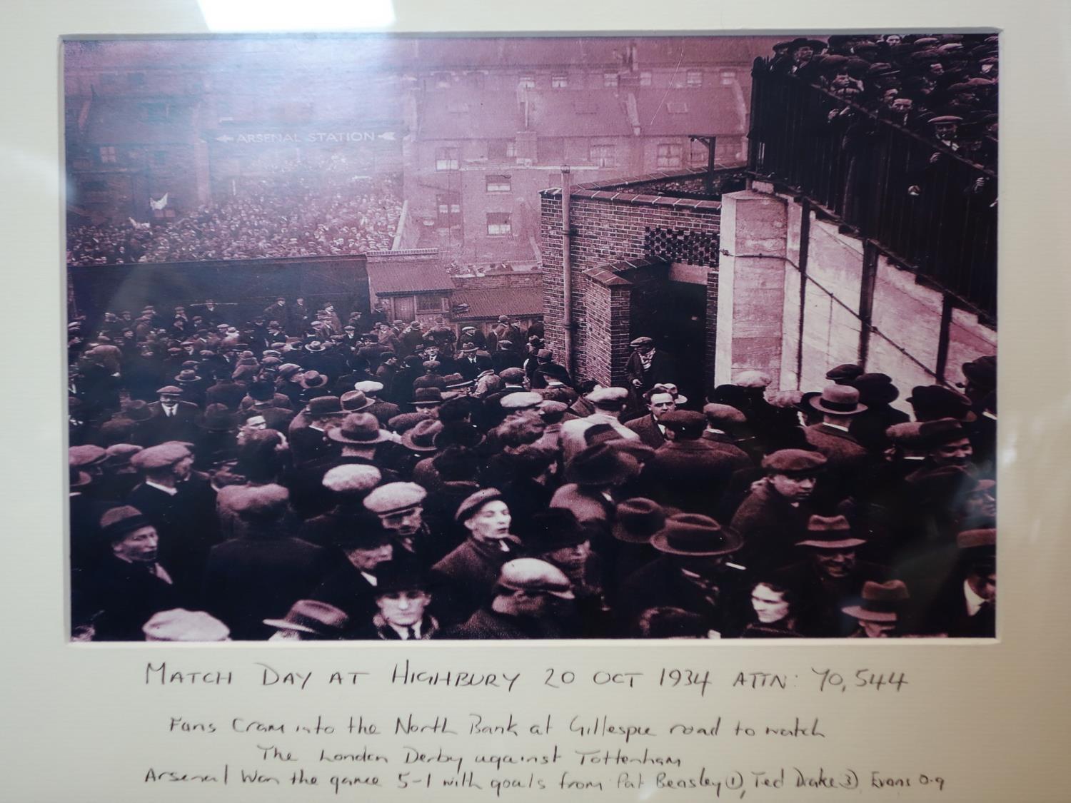 Three framed Arsenal photos to include match day at highbury 1934, team champions 1934 and Cliff - Image 3 of 4