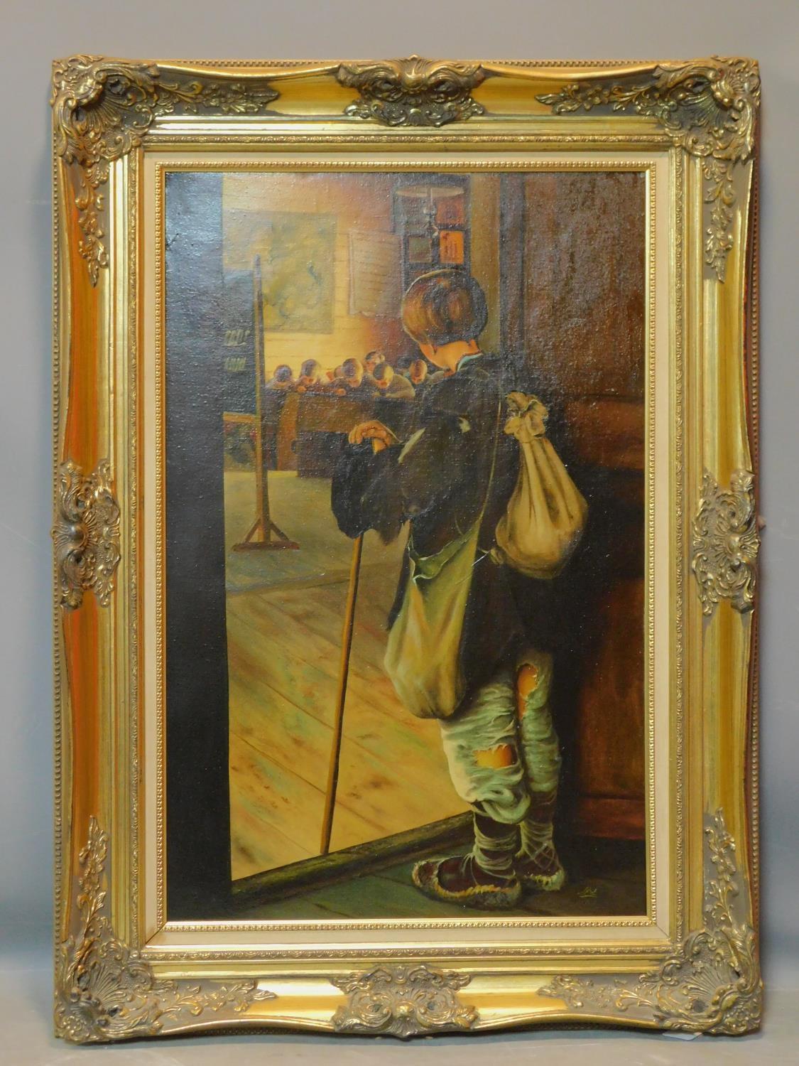 A gilt framed oil on canvas, street urchin gazing into a classroom, indistinctly signed, 54 x 84cm - Image 2 of 3