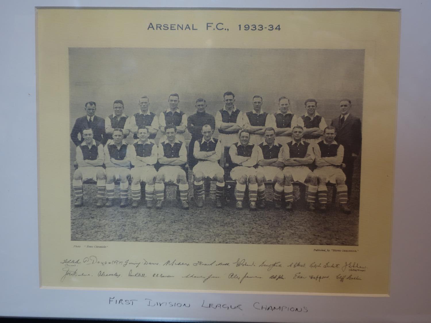 Three framed Arsenal photos to include match day at highbury 1934, team champions 1934 and Cliff - Image 2 of 4