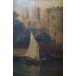 G.L. Robinson, sailing boat by a castle, oil, signed and dated 1906 to lower right, 39 x 27cm